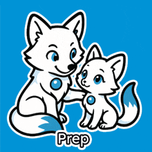 two white foxes are sitting next to each other and the word prep is below them