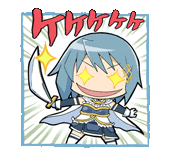 a cartoon of a girl with blue hair holding a sword and smiling