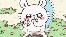 a cartoon drawing of a rabbit eating a piece of food