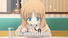 a girl is sitting at a table eating noodles with the words me when eat poop in the corner