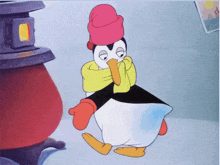 a cartoon penguin wearing a pink hat and gloves