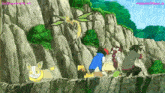 a group of pokemon standing on top of a rocky hillside .