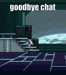 a pixel art drawing of a girl walking down stairs with the words goodbye chat above her