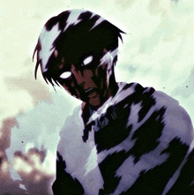 a close up of a person with glowing eyes and a black and white striped shirt .