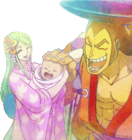 a cartoon of a woman holding a baby next to a man with a yellow mask