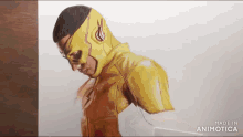 a drawing of a man in a yellow superhero costume is made in animatica