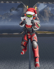 a man in a santa hat is holding a sleigh full of gifts
