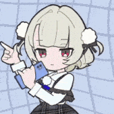 a girl in a plaid dress is holding a cell phone to her face