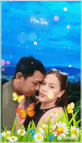 a man kissing a woman on the forehead surrounded by butterflies and daisies