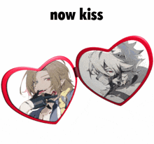 a heart shaped mirror with a picture of a boy and the words now kiss below it