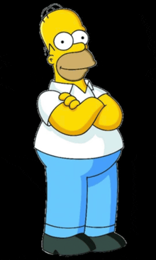 homer simpson is standing with his arms crossed and a big smile on his face