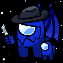 a blue among us character with a hat and a knife