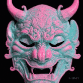 a blue and pink mask with horns and a beard