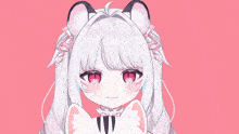 a girl with white hair is holding a stuffed animal