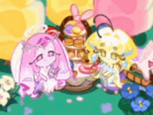 a cartoon of two girls sitting next to each other on a table .