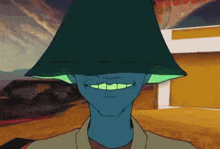 a cartoon character wearing a green hat with a smile on his face