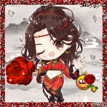 a picture of a chibi girl with a red rose and the number 3
