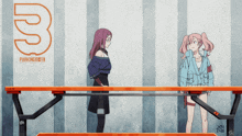 two girls standing in front of a sign that says parking