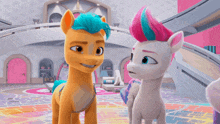 two cartoon ponies are standing next to each other