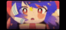 a close up of a cartoon character with blue hair and red eyes