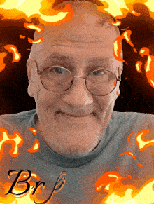 a man with glasses and a beard is surrounded by flames and the name bro is on the bottom