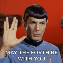 a man in a blue shirt with the words may the forth be with you