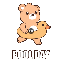 a cartoon of a teddy bear holding a rubber duck and the words pool day