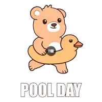 a cartoon of a teddy bear holding a rubber duck and the words pool day