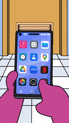 a cartoon drawing of a person holding a cell phone that says 8:30 am on the screen