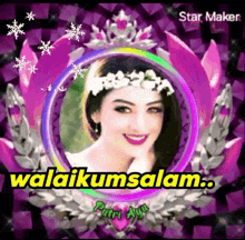 a picture of a woman with a flower crown on her head is surrounded by purple flowers and the words ' selamat '