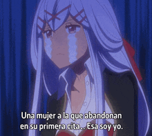 a girl with long white hair is crying and the words una mujer a la que abandonan en su primera cita