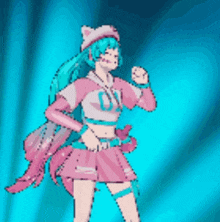 a pixel art drawing of a girl with blue hair wearing a cat hat