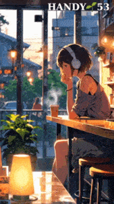 a girl with headphones sits at a table with a cup of coffee