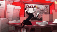 a cartoon character is sitting at a desk with papers and a board that says " $ " on it