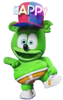 a gummy bear wearing a hat that says happy on it