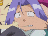 a close up of a cartoon character 's face with purple hair