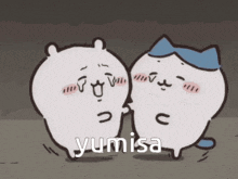 a couple of cartoon characters standing next to each other with the word yumisa on the bottom right