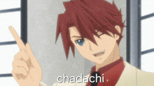 a man with red hair is pointing up and the word chadachi is on the bottom right
