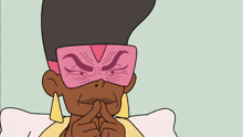 a cartoon character is wearing a pink mask and making a face