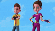 two cartoon characters standing next to each other with their arms crossed .