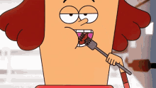 a cartoon character is eating with a fork