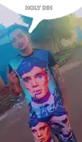 a man wearing a shirt with a picture of a man smoking a cigarette and the words holy dih