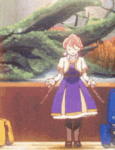 a girl in a purple dress is standing in front of a large aquarium