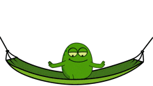 a green cartoon character is sitting in a hammock and giving the peace sign