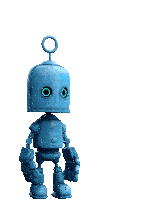 a blue robot with a bell on its head is standing on a white background