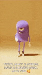 a purple monster says happy monday and has a blessed week