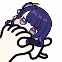 a cartoon of a girl with purple hair and purple eyes covering her face with her hands .