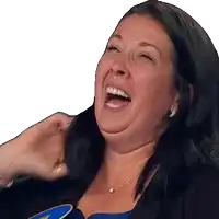 a woman is laughing with her mouth wide open and wearing a blue shirt with the letter w on it
