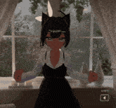 a girl in a black dress with cat ears stands in front of a window