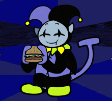 a cartoon of a jester holding a hamburger in his hand